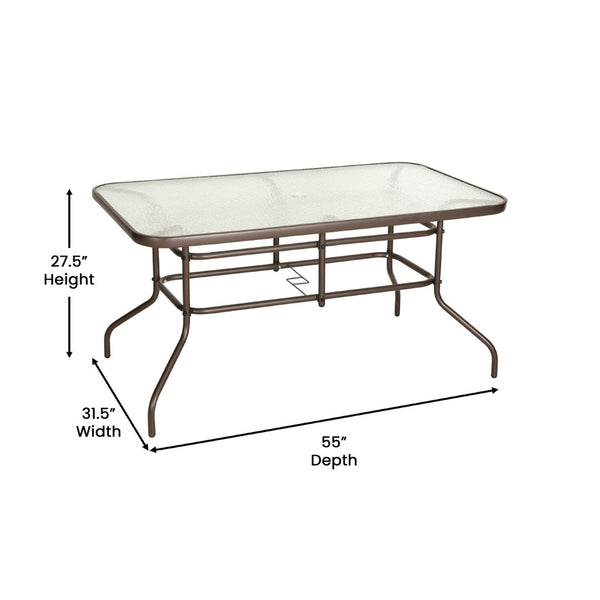 English Elm Tory Elegant Bronze Metal Patio Table with Tempered Glass Top and Umbrella Hole for Outdoor Dining Clear Top/Bronze Frame 31.5"W x 55"L TLH-089-BZ-GG
