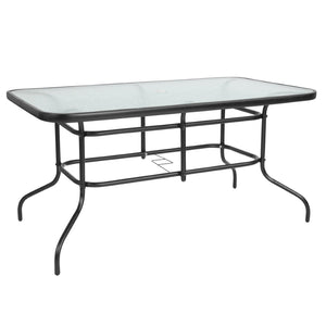 English Elm Tory Elegant Bronze Metal Patio Table with Tempered Glass Top and Umbrella Hole for Outdoor Dining Clear Top/Black Frame 31.5"W x 55"L TLH-089-GG
