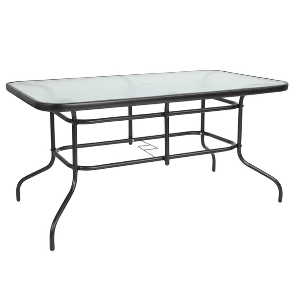 English Elm Tory Elegant Bronze Metal Patio Table with Tempered Glass Top and Umbrella Hole for Outdoor Dining Clear Top/Black Frame 31.5"W x 55"L TLH-089-GG