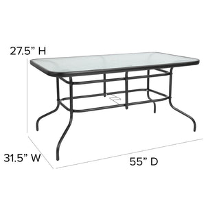 English Elm Tory Elegant Bronze Metal Patio Table with Tempered Glass Top and Umbrella Hole for Outdoor Dining Clear Top/Black Frame 31.5"W x 55"L TLH-089-GG