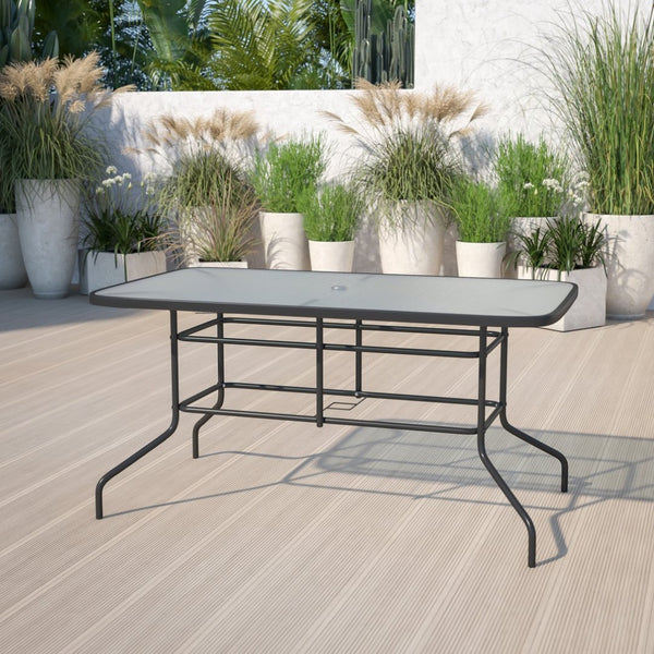 English Elm Tory Elegant Bronze Metal Patio Table with Tempered Glass Top and Umbrella Hole for Outdoor Dining Clear Top/Black Frame 31.5"W x 55"L TLH-089-GG