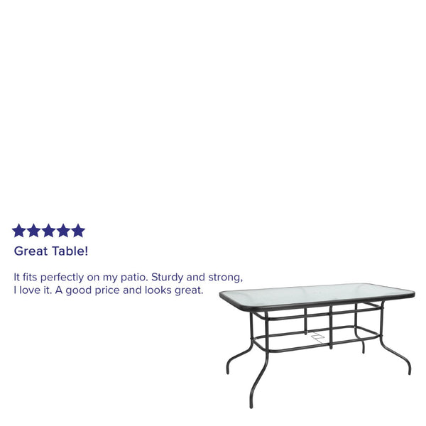 English Elm Tory Elegant Bronze Metal Patio Table with Tempered Glass Top and Umbrella Hole for Outdoor Dining Clear Top/Black Frame 31.5"W x 55"L TLH-089-GG