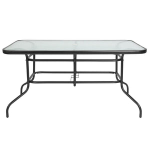 English Elm Tory Elegant Bronze Metal Patio Table with Tempered Glass Top and Umbrella Hole for Outdoor Dining Clear Top/Black Frame 31.5"W x 55"L TLH-089-GG