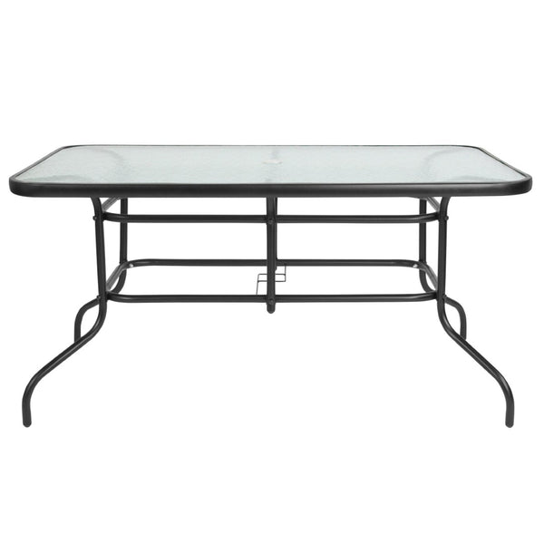 English Elm Tory Elegant Bronze Metal Patio Table with Tempered Glass Top and Umbrella Hole for Outdoor Dining Clear Top/Black Frame 31.5"W x 55"L TLH-089-GG