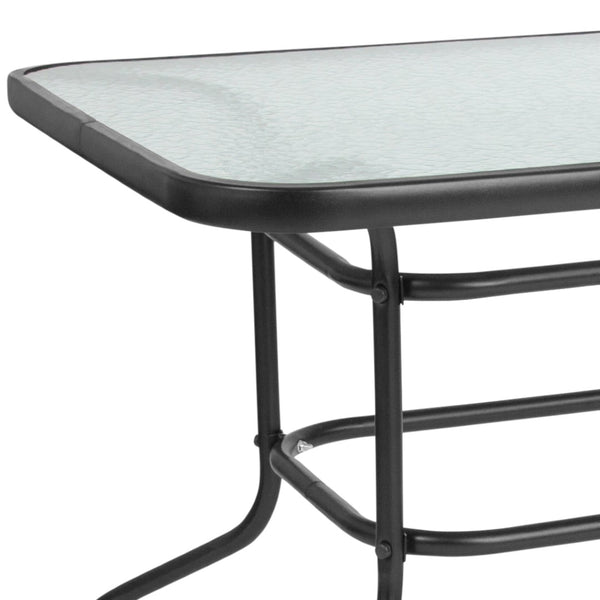English Elm Tory Elegant Bronze Metal Patio Table with Tempered Glass Top and Umbrella Hole for Outdoor Dining Clear Top/Black Frame 31.5"W x 55"L TLH-089-GG