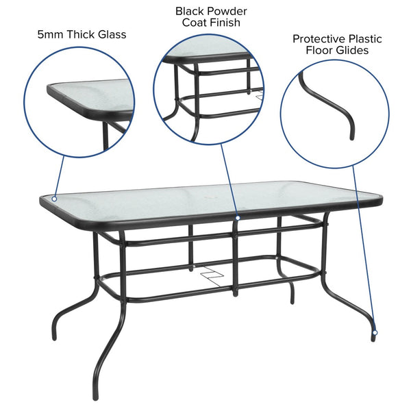 English Elm Tory Elegant Bronze Metal Patio Table with Tempered Glass Top and Umbrella Hole for Outdoor Dining Clear Top/Black Frame 31.5"W x 55"L TLH-089-GG