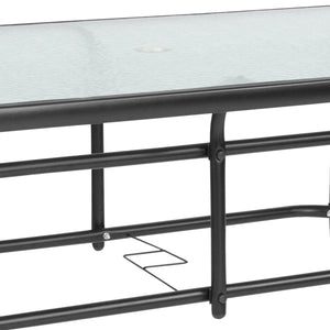 English Elm Tory Elegant Bronze Metal Patio Table with Tempered Glass Top and Umbrella Hole for Outdoor Dining Clear Top/Black Frame 31.5"W x 55"L TLH-089-GG