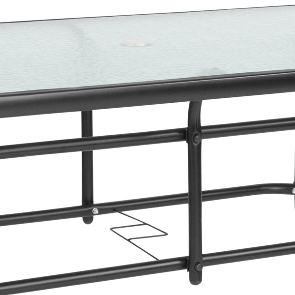 English Elm Tory Elegant Bronze Metal Patio Table with Tempered Glass Top and Umbrella Hole for Outdoor Dining Clear Top/Black Frame 31.5"W x 55"L TLH-089-GG