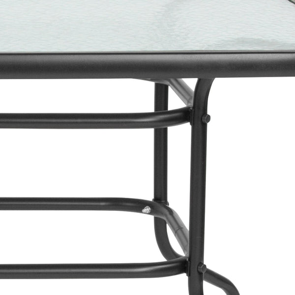 English Elm Tory Elegant Bronze Metal Patio Table with Tempered Glass Top and Umbrella Hole for Outdoor Dining Clear Top/Black Frame 31.5"W x 55"L TLH-089-GG