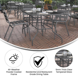 English Elm Tory Elegant Bronze Metal Patio Table with Tempered Glass Top and Umbrella Hole for Outdoor Dining Clear Top/Silver Frame 31.5" x 55" TLH-089-SV-GG