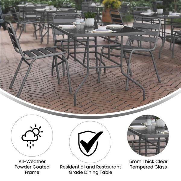 English Elm Tory Elegant Bronze Metal Patio Table with Tempered Glass Top and Umbrella Hole for Outdoor Dining Clear Top/Silver Frame 31.5" x 55" TLH-089-SV-GG