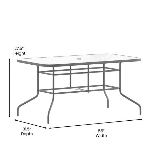 English Elm Tory Elegant Bronze Metal Patio Table with Tempered Glass Top and Umbrella Hole for Outdoor Dining Clear Top/Silver Frame 31.5" x 55" TLH-089-SV-GG