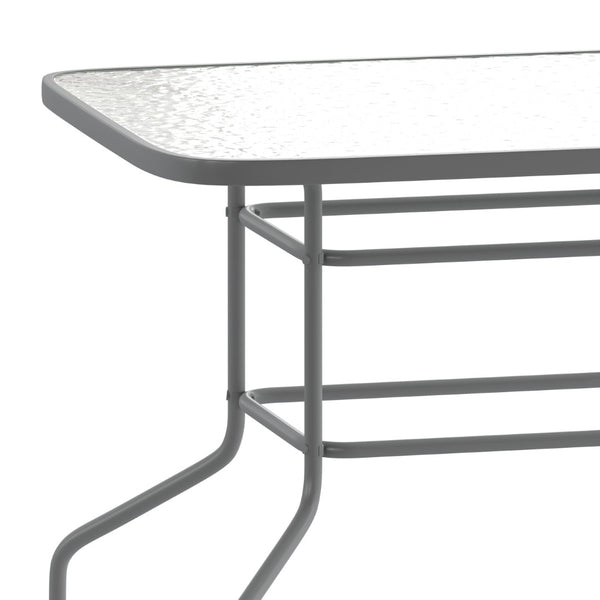 English Elm Tory Elegant Bronze Metal Patio Table with Tempered Glass Top and Umbrella Hole for Outdoor Dining Clear Top/Silver Frame 31.5" x 55" TLH-089-SV-GG