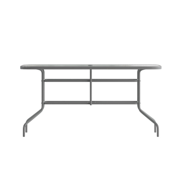 English Elm Tory Elegant Bronze Metal Patio Table with Tempered Glass Top and Umbrella Hole for Outdoor Dining Clear Top/Silver Frame 31.5" x 55" TLH-089-SV-GG