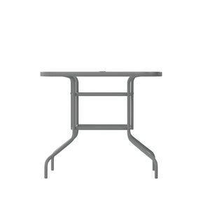 English Elm Tory Elegant Bronze Metal Patio Table with Tempered Glass Top and Umbrella Hole for Outdoor Dining Clear Top/Silver Frame 31.5" x 55" TLH-089-SV-GG