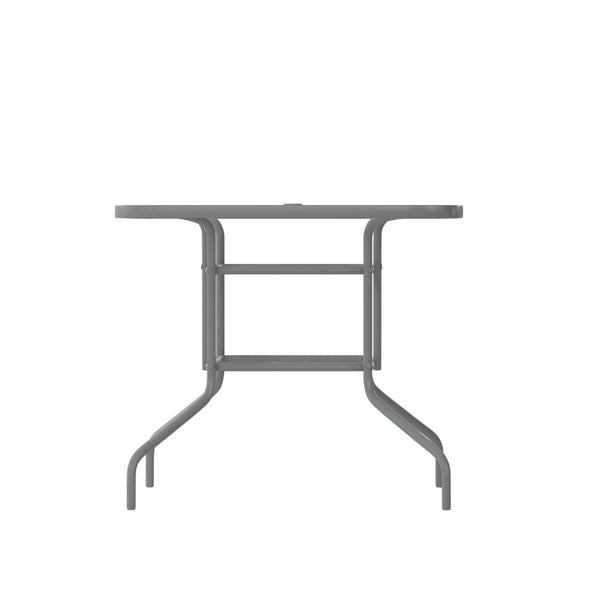English Elm Tory Elegant Bronze Metal Patio Table with Tempered Glass Top and Umbrella Hole for Outdoor Dining Clear Top/Silver Frame 31.5" x 55" TLH-089-SV-GG