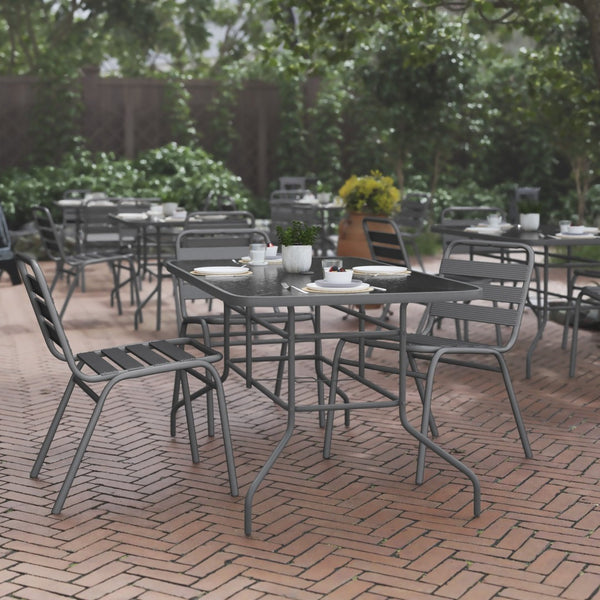 English Elm Tory Elegant Bronze Metal Patio Table with Tempered Glass Top and Umbrella Hole for Outdoor Dining Clear Top/Silver Frame 31.5" x 55" TLH-089-SV-GG