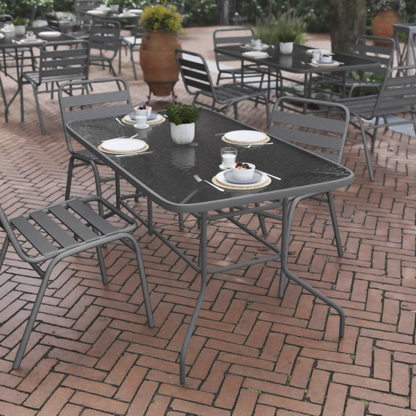 English Elm Tory Elegant Bronze Metal Patio Table with Tempered Glass Top and Umbrella Hole for Outdoor Dining Clear Top/Silver Frame 31.5" x 55" TLH-089-SV-GG