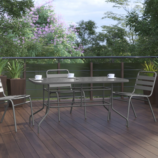 English Elm Tory Elegant Bronze Metal Patio Table with Tempered Glass Top and Umbrella Hole for Outdoor Dining Clear Top/Silver Frame 31.5" x 55" TLH-089-SV-GG