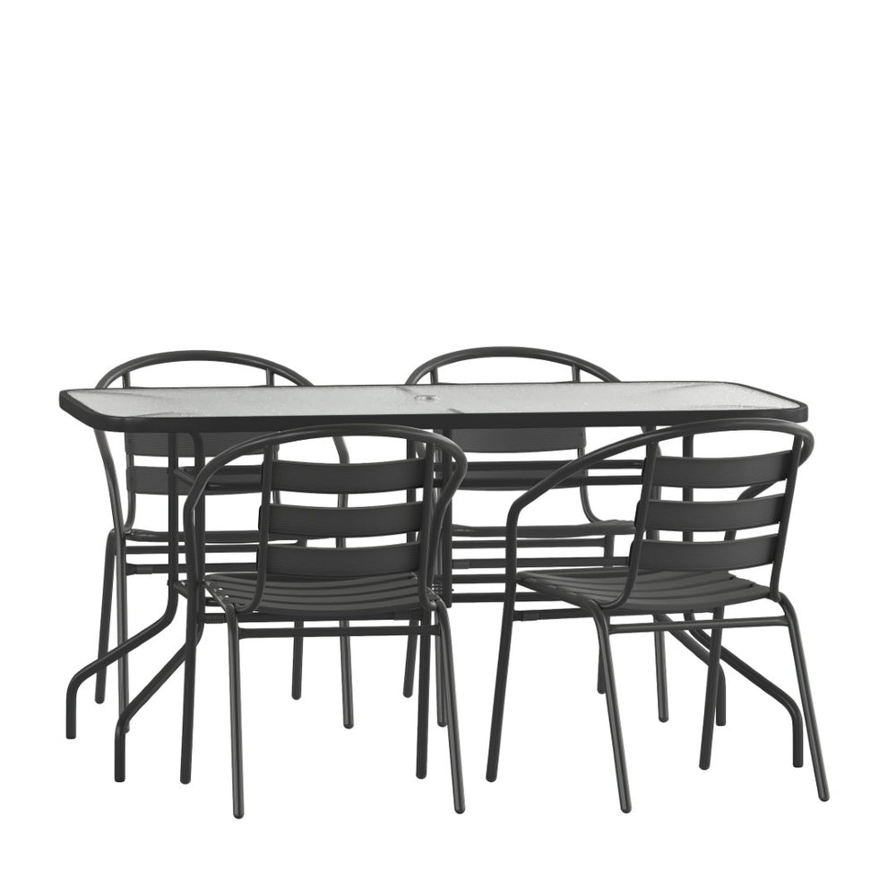 English Elm Lila 5-Piece Modern Patio Dining Set with 55" Rippled Glass Table & 4 Stackable Aluminum Chairs TLH-089REC-017CBK4-GG