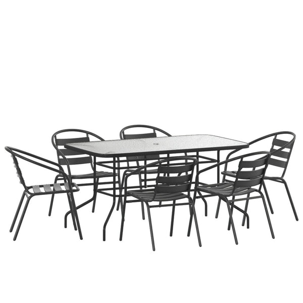 English Elm Lila 7-Piece Modern Patio Dining Set with Glass Table & Stackable Chairs for Stylish Outdoor Meals TLH-089REC-017CBK6-GG