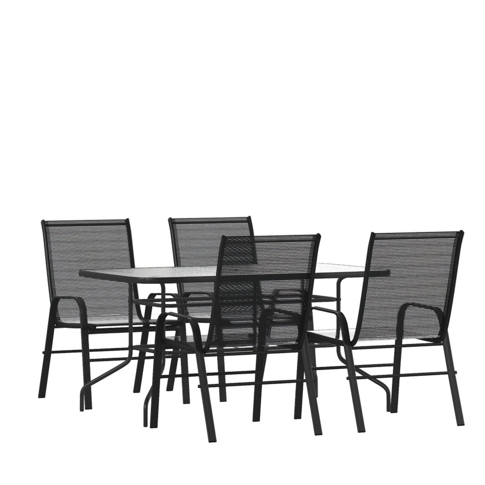 English Elm Brazos 5-Piece Outdoor Patio Dining Set with Tempered Glass Table and Stackable Sling Chairs for Comfort Black TLH-089REC-303CBK4-GG