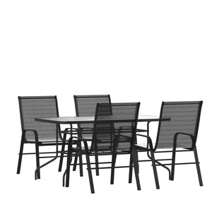 English Elm Brazos 5-Piece Outdoor Patio Dining Set with Tempered Glass Table and Stackable Sling Chairs for Comfort Black TLH-089REC-303CBK4-GG