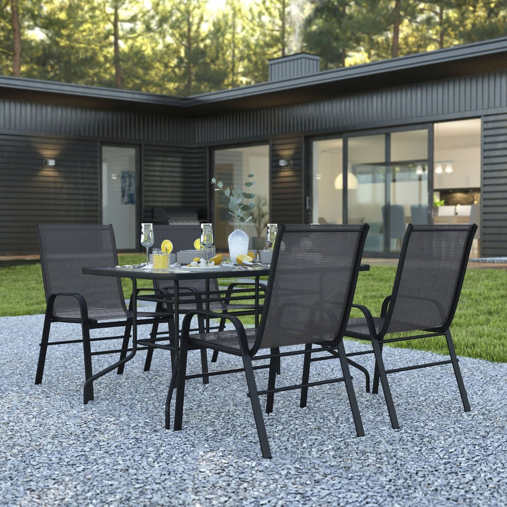 English Elm Brazos 5-Piece Outdoor Patio Dining Set with Tempered Glass Table and Stackable Sling Chairs for Comfort Black TLH-089REC-303CBK4-GG