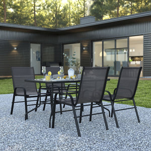 English Elm Brazos 5-Piece Outdoor Patio Dining Set with Tempered Glass Table and Stackable Sling Chairs for Comfort Black TLH-089REC-303CBK4-GG