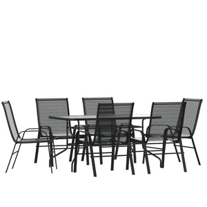 English Elm Brazos 7 Piece Outdoor Patio Dining Set - Modern Tempered Glass Table with 6 Comfortable Sling Chairs Black TLH-089REC-303CBK6-GG