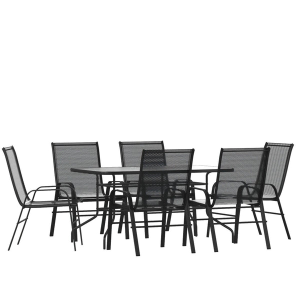English Elm Brazos 7 Piece Outdoor Patio Dining Set - Modern Tempered Glass Table with 6 Comfortable Sling Chairs Black TLH-089REC-303CBK6-GG