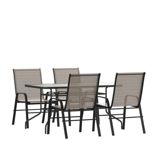 English Elm Brazos 5-Piece Outdoor Patio Dining Set with Tempered Glass Table and Stackable Sling Chairs for Comfort Brown TLH-089REC-303CBN4-GG