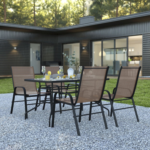 English Elm Brazos 5-Piece Outdoor Patio Dining Set with Tempered Glass Table and Stackable Sling Chairs for Comfort Brown TLH-089REC-303CBN4-GG