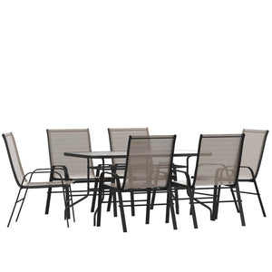 English Elm Brazos 7 Piece Outdoor Patio Dining Set - Modern Tempered Glass Table with 6 Comfortable Sling Chairs Brown TLH-089REC-303CBN6-GG