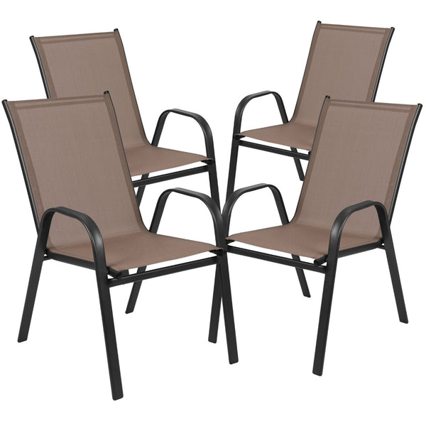 English Elm Brazos 7 Piece Outdoor Patio Dining Set - Modern Tempered Glass Table with 6 Comfortable Sling Chairs Brown TLH-089REC-303CBN6-GG