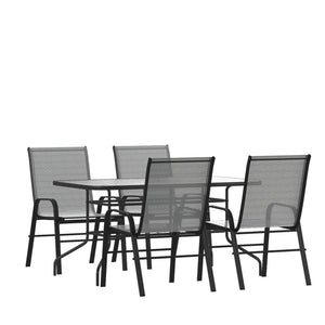 English Elm Brazos 5-Piece Outdoor Patio Dining Set with Tempered Glass Table and Stackable Sling Chairs for Comfort Gray TLH-089REC-303CGY4-GG