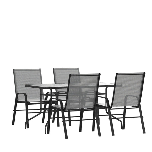 English Elm Brazos 5-Piece Outdoor Patio Dining Set with Tempered Glass Table and Stackable Sling Chairs for Comfort Gray TLH-089REC-303CGY4-GG