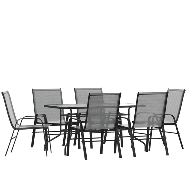 English Elm Brazos 7 Piece Outdoor Patio Dining Set - Modern Tempered Glass Table with 6 Comfortable Sling Chairs Gray TLH-089REC-303CGY6-GG