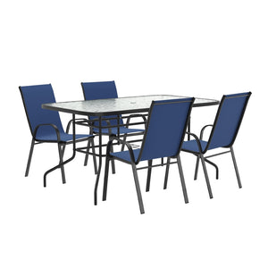 English Elm Brazos 5-Piece Outdoor Patio Dining Set with Tempered Glass Table and Stackable Sling Chairs for Comfort Navy TLH-089REC-303CNV4-GG