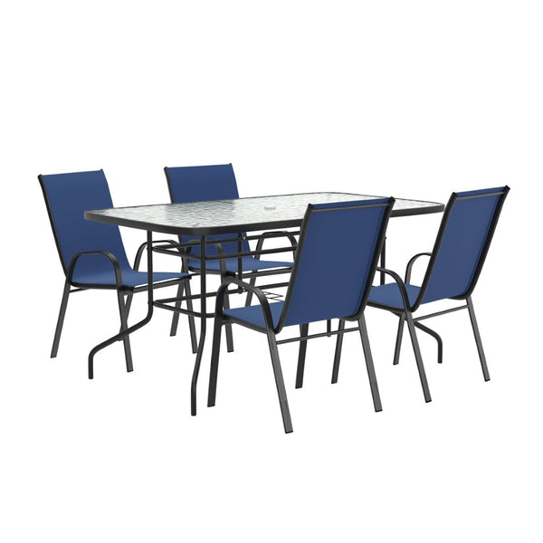 English Elm Brazos 5-Piece Outdoor Patio Dining Set with Tempered Glass Table and Stackable Sling Chairs for Comfort Navy TLH-089REC-303CNV4-GG