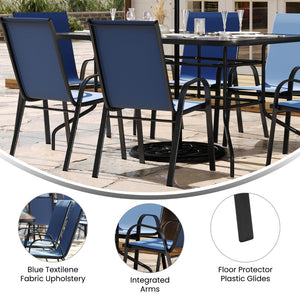 English Elm Brazos 5-Piece Outdoor Patio Dining Set with Tempered Glass Table and Stackable Sling Chairs for Comfort Navy TLH-089REC-303CNV4-GG