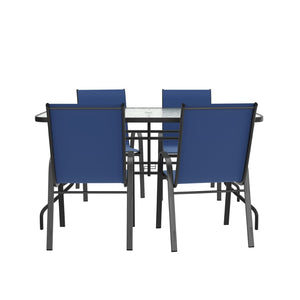 English Elm Brazos 5-Piece Outdoor Patio Dining Set with Tempered Glass Table and Stackable Sling Chairs for Comfort Navy TLH-089REC-303CNV4-GG
