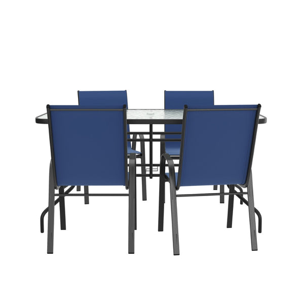 English Elm Brazos 5-Piece Outdoor Patio Dining Set with Tempered Glass Table and Stackable Sling Chairs for Comfort Navy TLH-089REC-303CNV4-GG