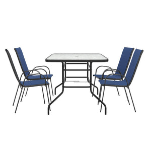 English Elm Brazos 5-Piece Outdoor Patio Dining Set with Tempered Glass Table and Stackable Sling Chairs for Comfort Navy TLH-089REC-303CNV4-GG