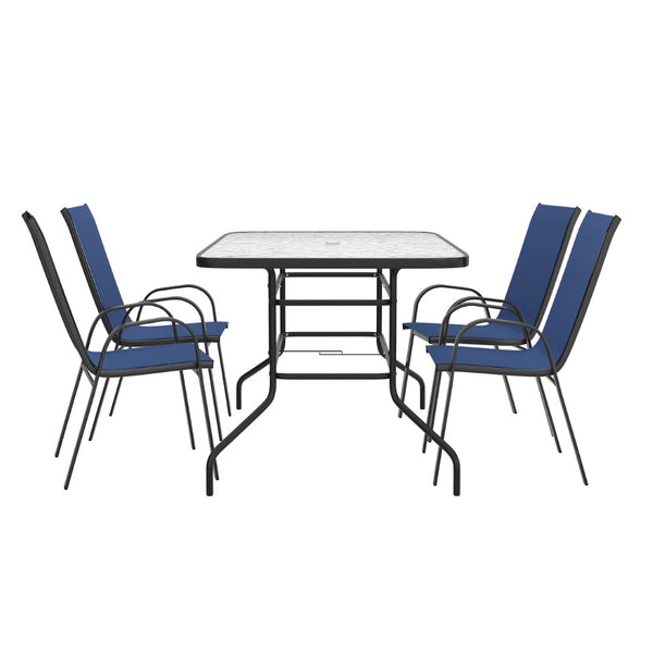 English Elm Brazos 5-Piece Outdoor Patio Dining Set with Tempered Glass Table and Stackable Sling Chairs for Comfort Navy TLH-089REC-303CNV4-GG