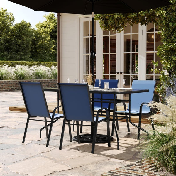 English Elm Brazos 5-Piece Outdoor Patio Dining Set with Tempered Glass Table and Stackable Sling Chairs for Comfort Navy TLH-089REC-303CNV4-GG