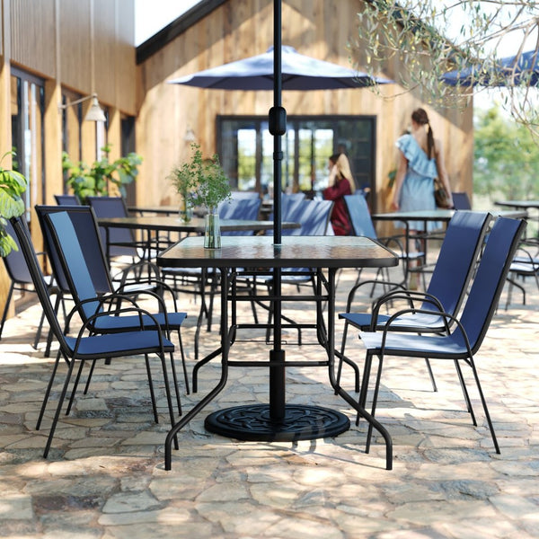 English Elm Brazos 5-Piece Outdoor Patio Dining Set with Tempered Glass Table and Stackable Sling Chairs for Comfort Navy TLH-089REC-303CNV4-GG