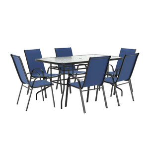 English Elm Brazos 7 Piece Outdoor Patio Dining Set - Modern Tempered Glass Table with 6 Comfortable Sling Chairs Navy TLH-089REC-303CNV6-GG