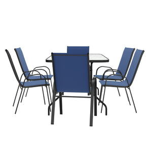 English Elm Brazos 7 Piece Outdoor Patio Dining Set - Modern Tempered Glass Table with 6 Comfortable Sling Chairs Navy TLH-089REC-303CNV6-GG
