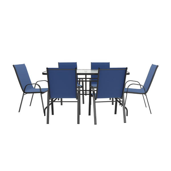 English Elm Brazos 7 Piece Outdoor Patio Dining Set - Modern Tempered Glass Table with 6 Comfortable Sling Chairs Navy TLH-089REC-303CNV6-GG